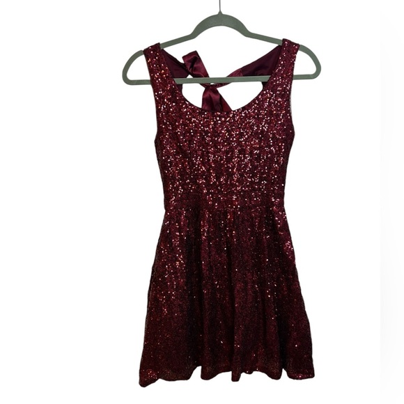 B. Darlin Burgundy Sequin Fit & Flare Tie Back Dress - Picture 1 of 4